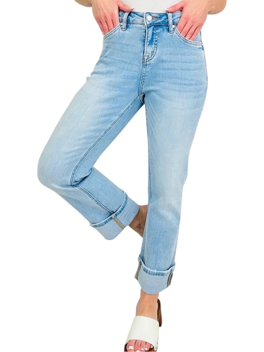 MoCo Boutique High Rise Straight Leg Denim Jeans with Rolled Hem size 3/26